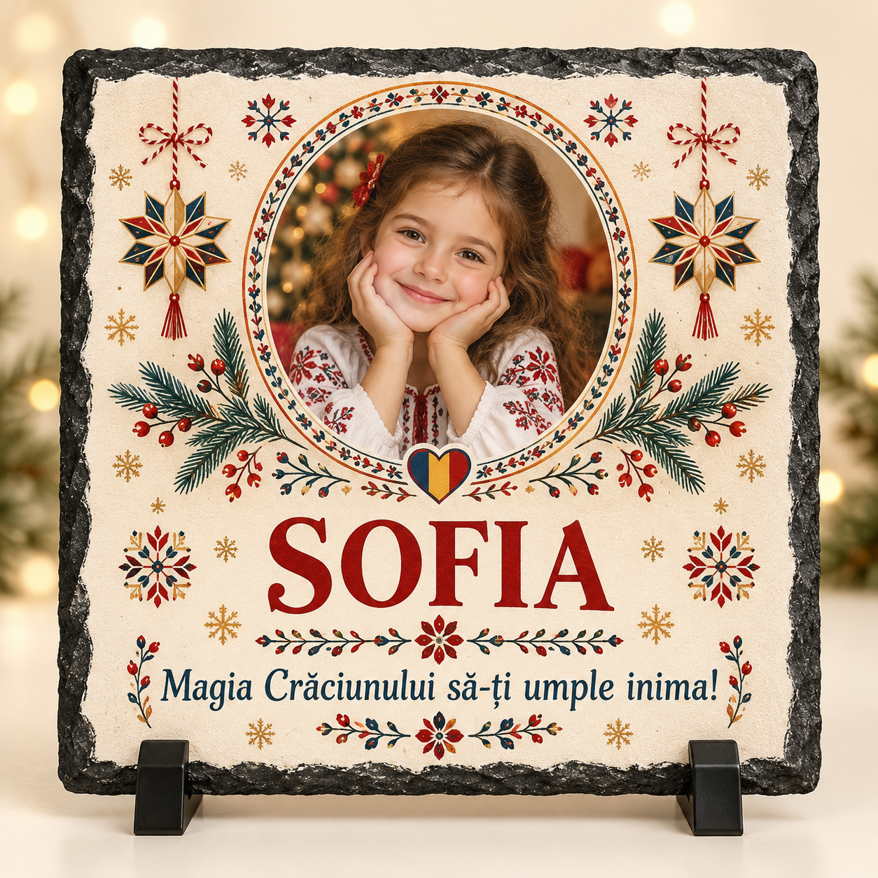 Placă Ardezie Personalizată 20×20 cm pentru Fetiță – Cadou de Crăciun cu Poză și Nume