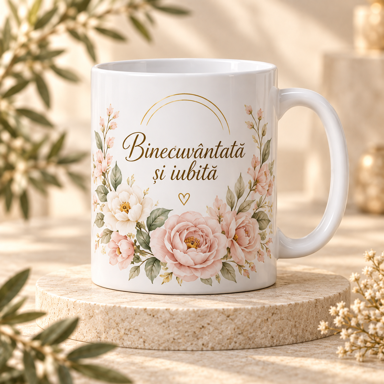 Cană 330 ml „Binecuvântată și iubită” – cadou creștin floral pentru femei