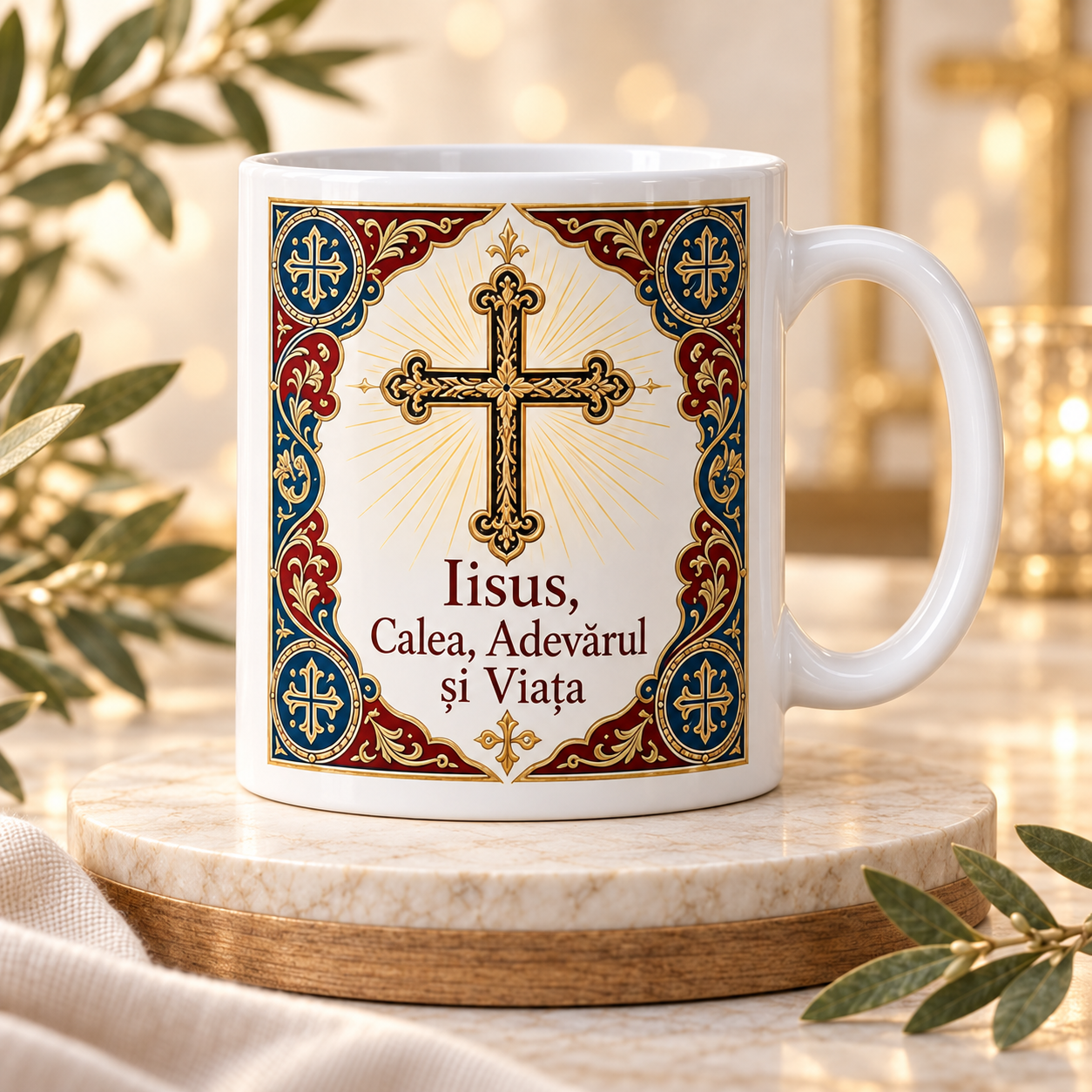 Cană religioasă 330 ml „Iisus – Calea, Adevărul și Viața” – cadou creștin cu cruce