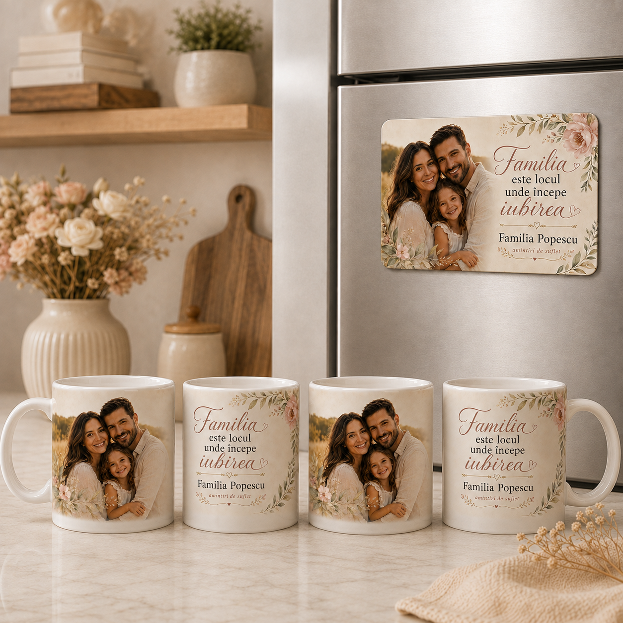 Set Cadou Personalizat Familie – 2 Căni 330 ml + 1 Magnet cu Poză și Nume