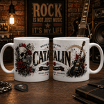 Cană personalizată rock cu numele Cătălin, 330 ml, design cu chitară electrică, craniu, microfon și trandafiri roșii