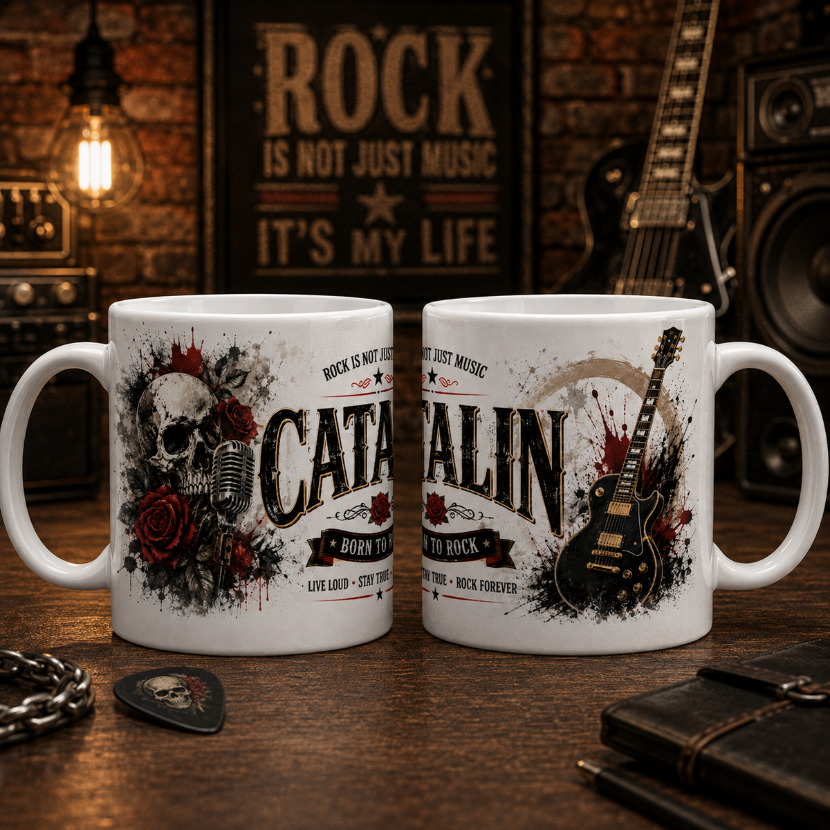 Cană personalizată rock cu numele Cătălin, 330 ml, design cu chitară electrică, craniu, microfon și trandafiri roșii