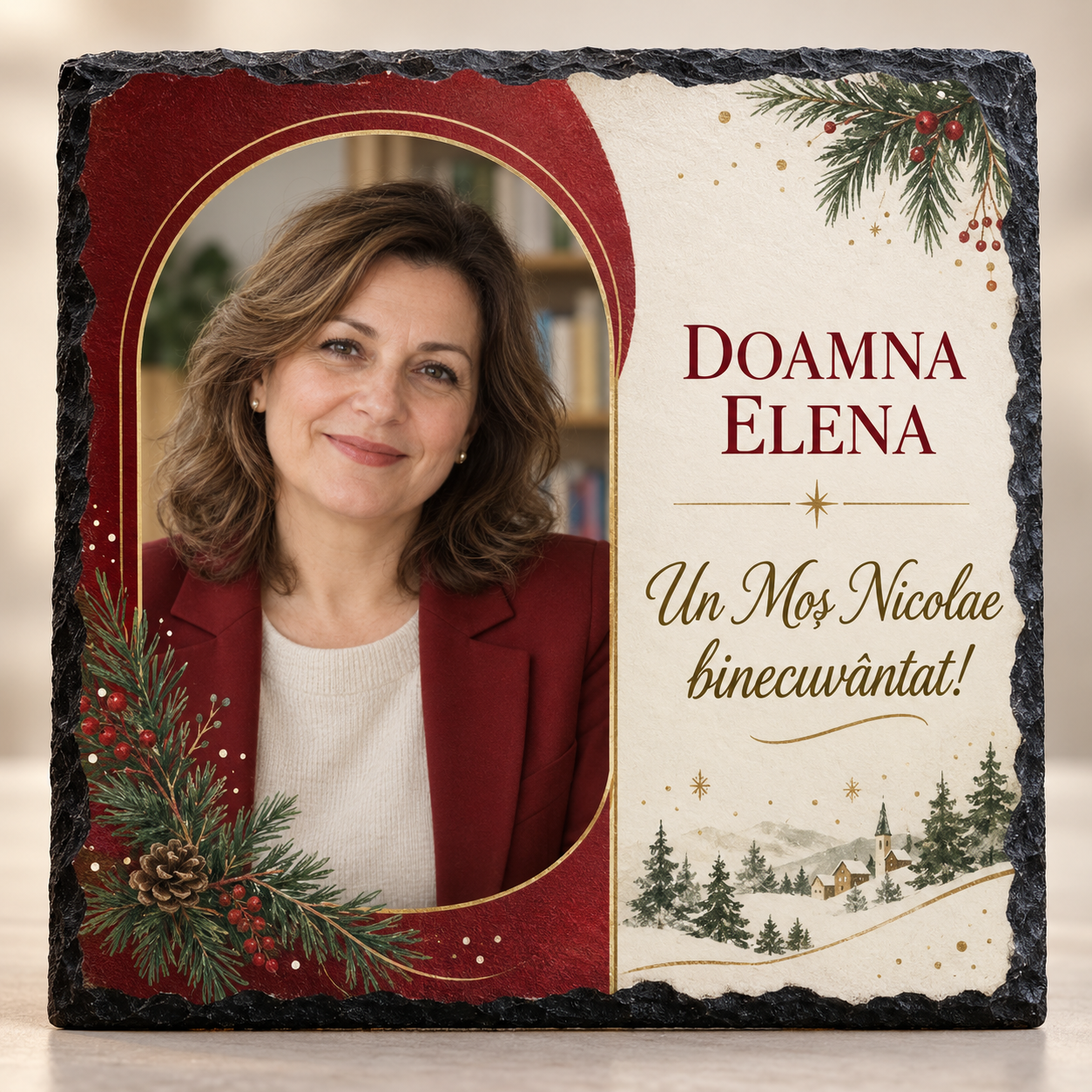 Placă Ardezie Personalizată 20×20 cm cu Poză – Cadou de Moș Nicolae pentru Doamnă, Profesoară sau Persoană Dragă