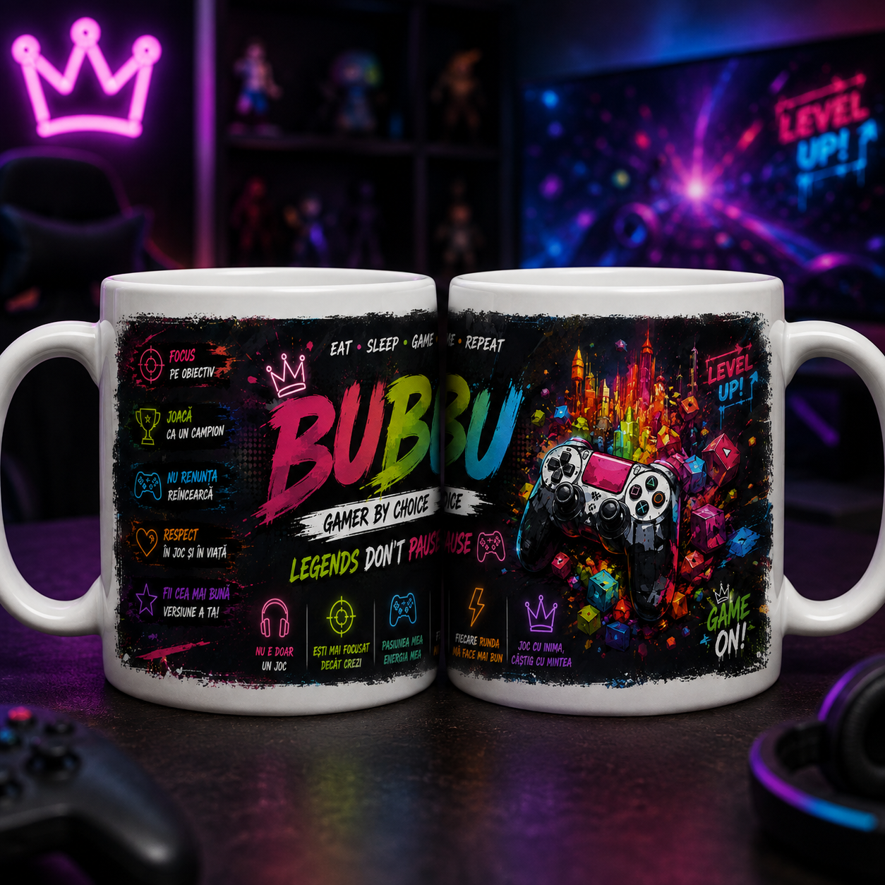 Cană gamer personalizată de 330 ml cu numele Bubu, controller, castel fantastic și design neon multicolor