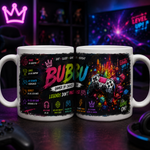 Cană gamer personalizată de 330 ml cu numele Bubu, controller, castel fantastic și design neon multicolor