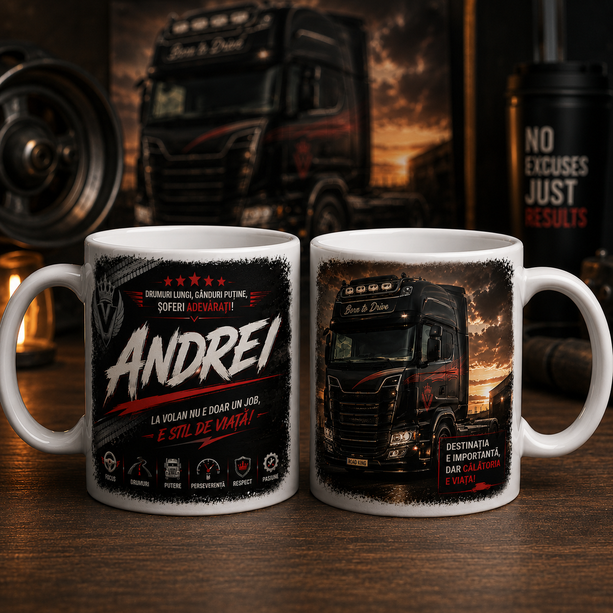 Cană personalizată pentru șofer de TIR cu nume – „La volan e stil de viață”, 330 ml