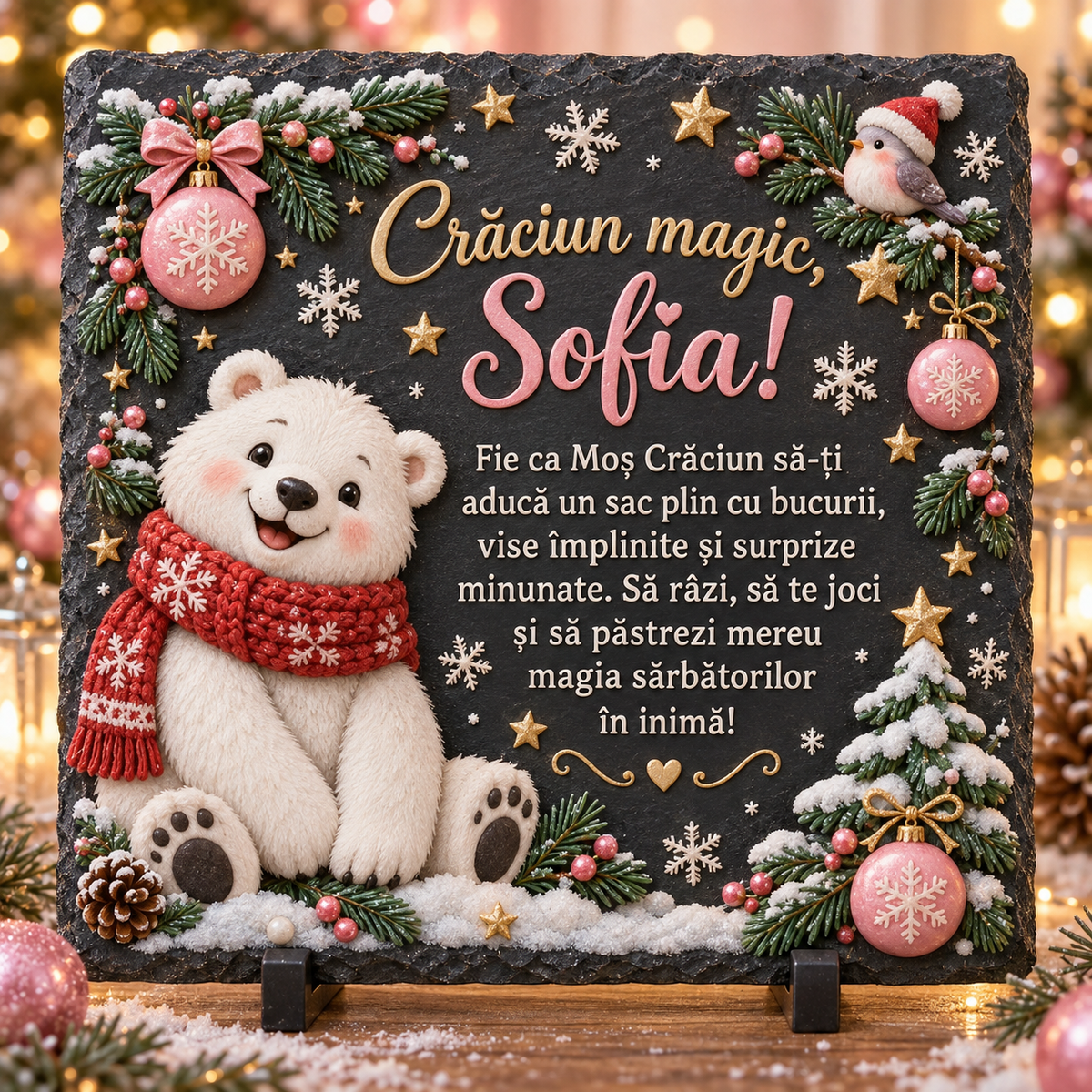 Placă de ardezie personalizată pentru fetițe 20 × 20 cm – „Crăciun magic” cu urs polar