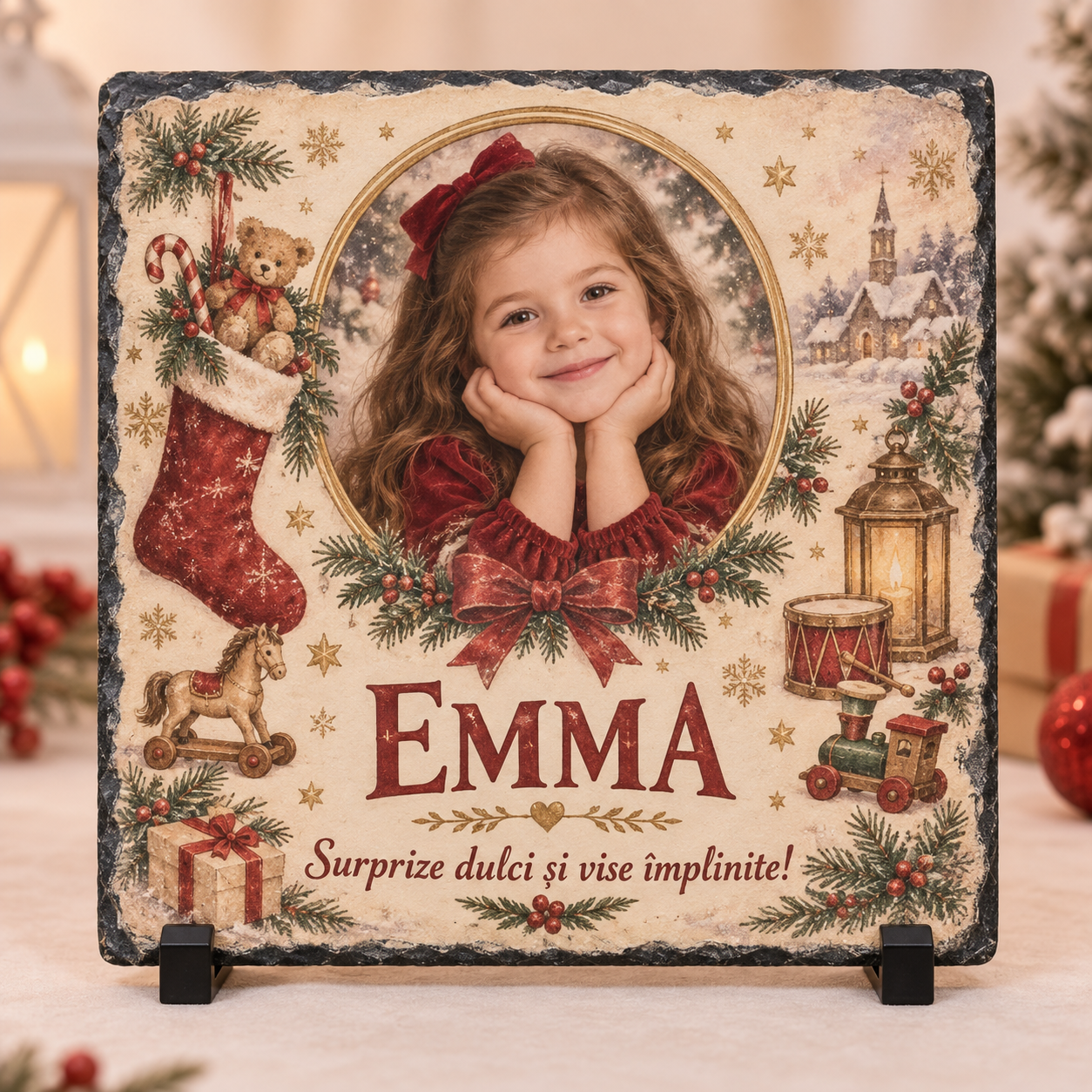 Placă Ardezie Personalizată 20×20 cm pentru Copii – Cadou de Crăciun cu Poză și Nume