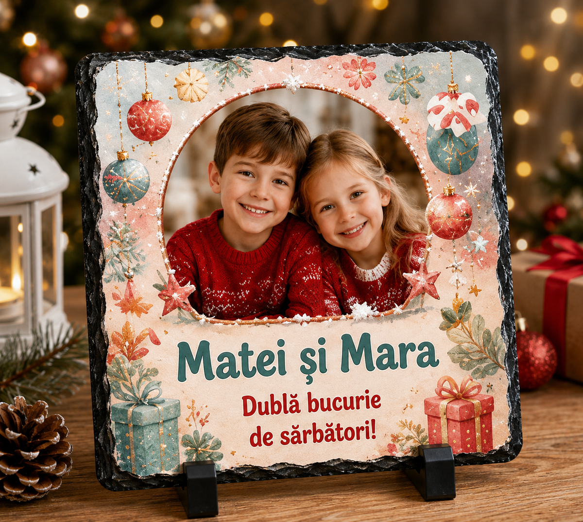 Piatră Ardezie Personalizată de Crăciun pentru Frați 20x20 cm cu Poză și Nume – „Dublă Bucurie de Sărbători!”