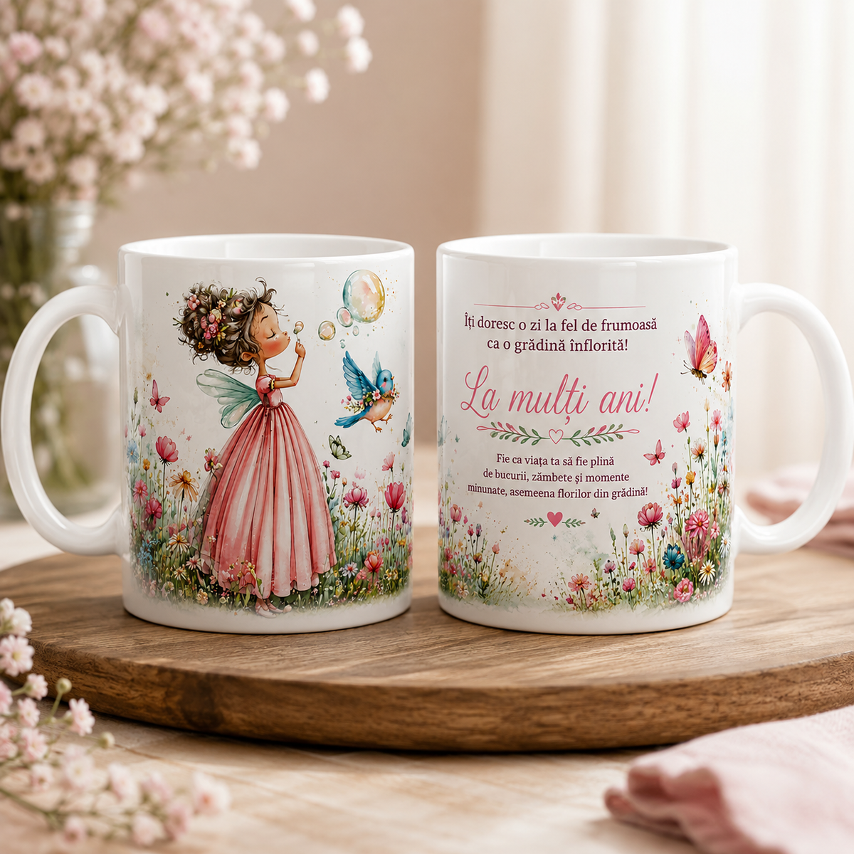Cană aniversară cu zână și mesaj La mulți ani, 330 ml, design cu rochie roz, flori, fluturi, pasăre și baloane de săpun