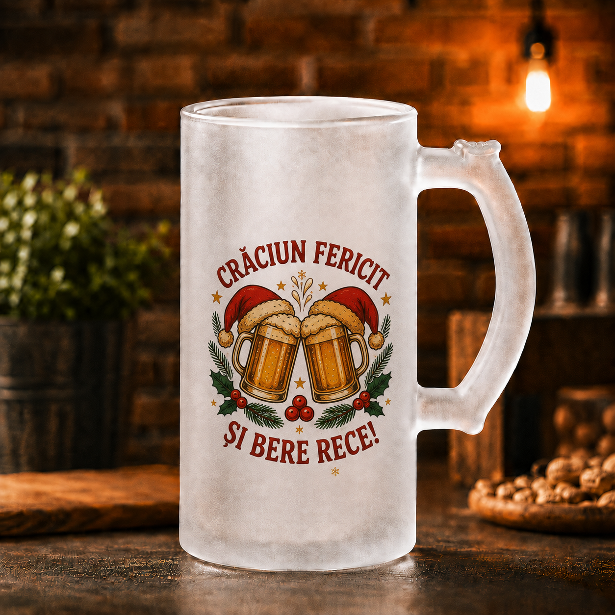 Halbă de bere 500 ml „Crăciun fericit și bere rece!” – cadou amuzant pentru iubitorii de bere