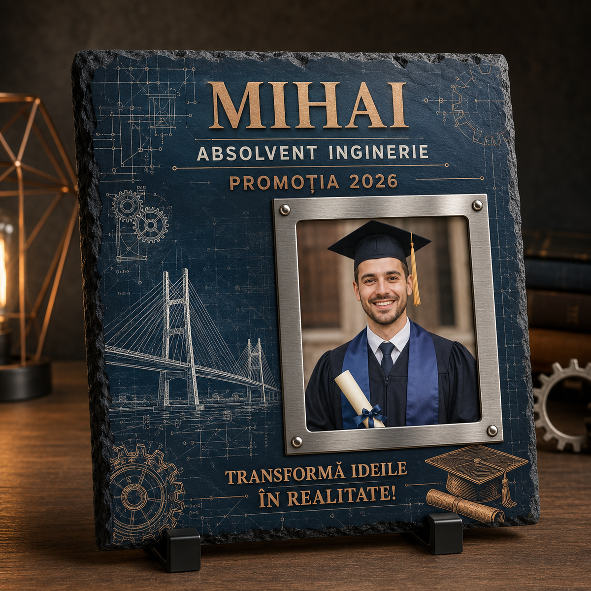 Placă de Ardezie Personalizată Absolvire Inginerie 20×20 cm cu Poză și Nume – Promoția 2026