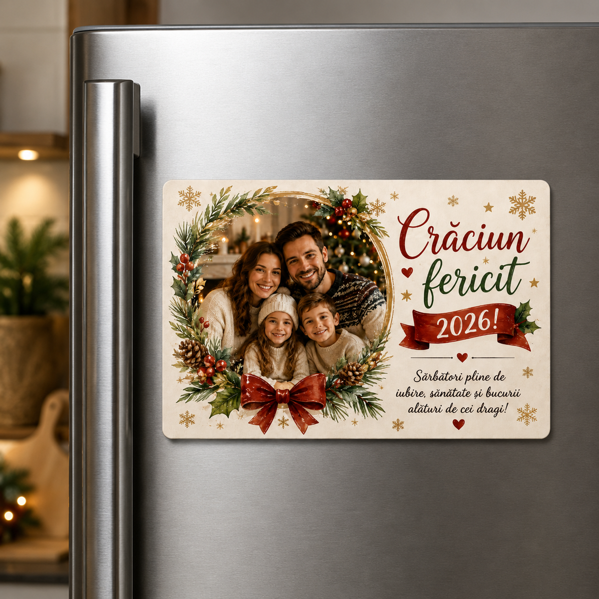 Magnet de Crăciun personalizat cu fotografie de familie – „Crăciun Fericit 2026!”