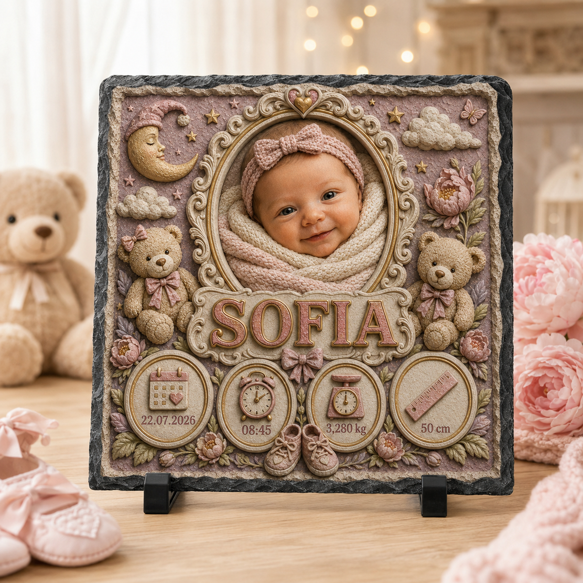 Placă Ardezie Personalizată 20×20 cm pentru Bebeluși – Poză, Nume și Datele Nașterii