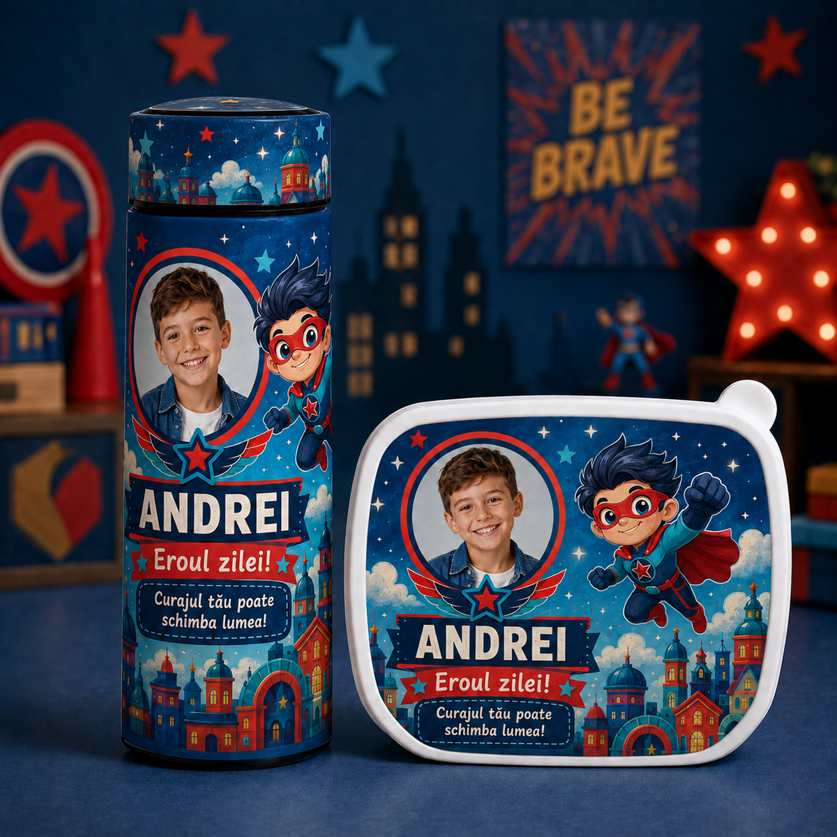 Set personalizat copii – Lunchbox + Termos 500 ml „Eroul Zilei”
