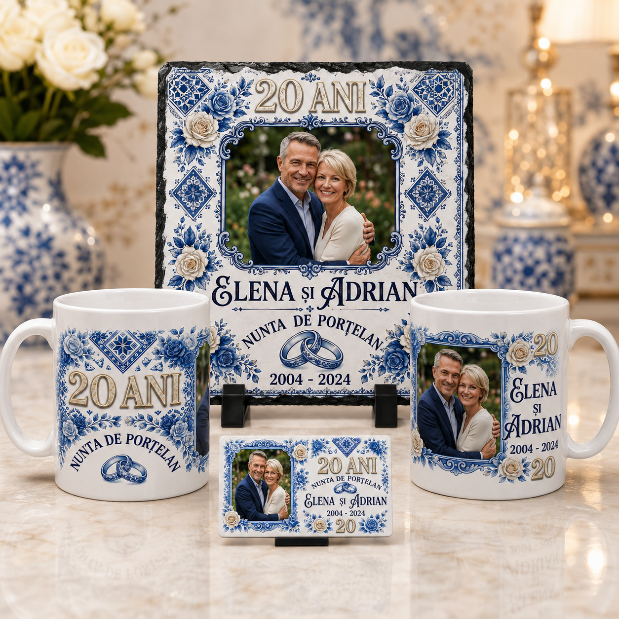 Set cadou Nunta de Porțelan pentru 20 de ani de căsătorie cu două căni personalizate, placă din ardezie 20 × 20 cm și magnet 9 × 5,5 cm