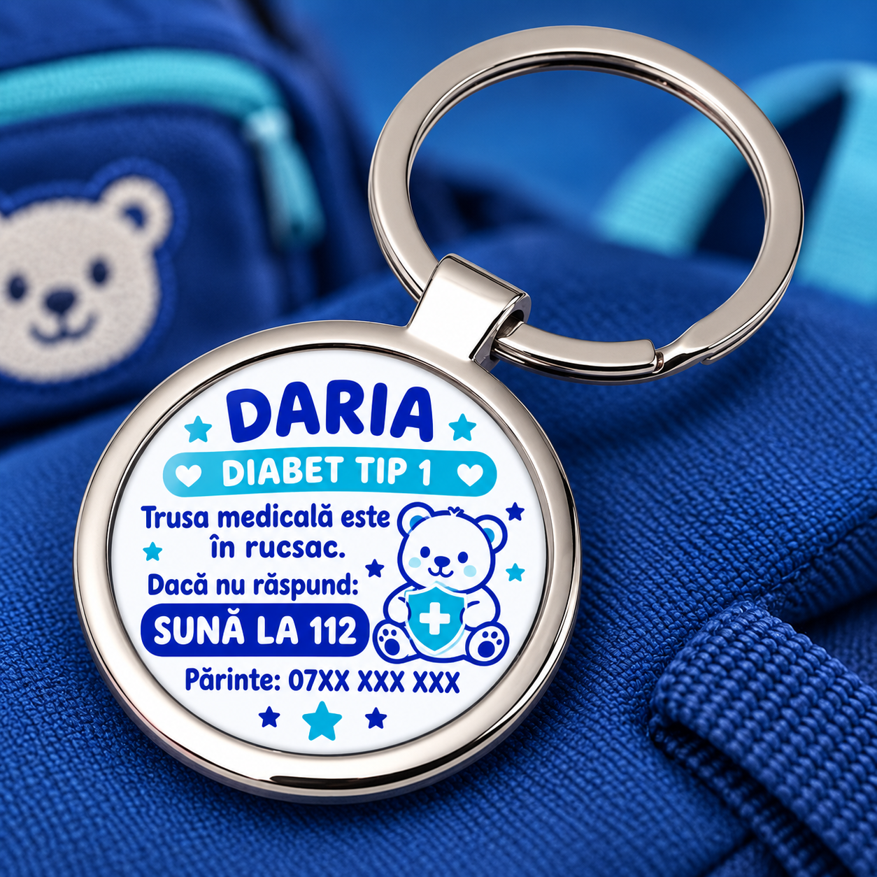 Breloc rotund personalizat pentru copii cu diabet tip 1 – alertă medicală