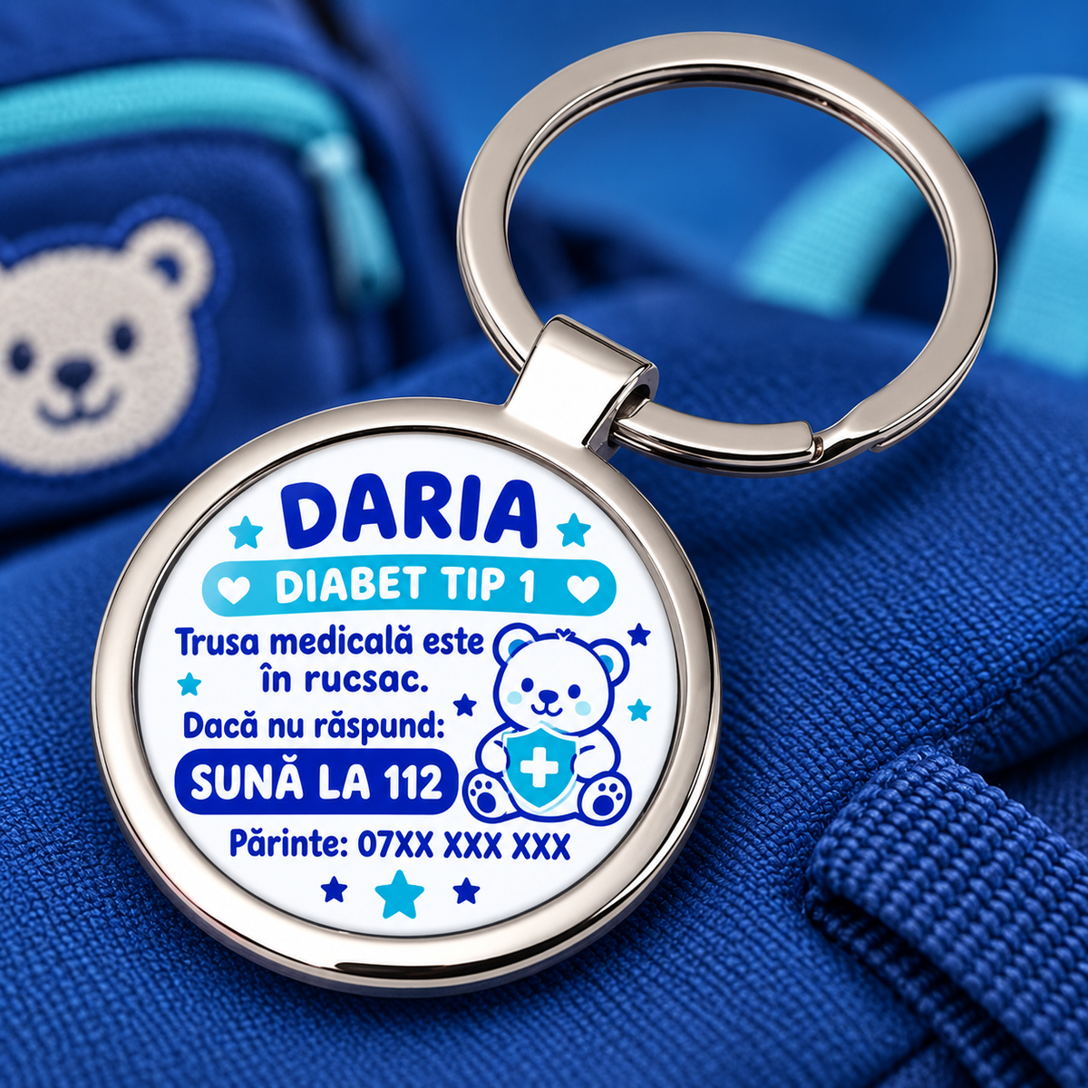Breloc rotund personalizat pentru copii cu diabet tip 1 – alertă medicală