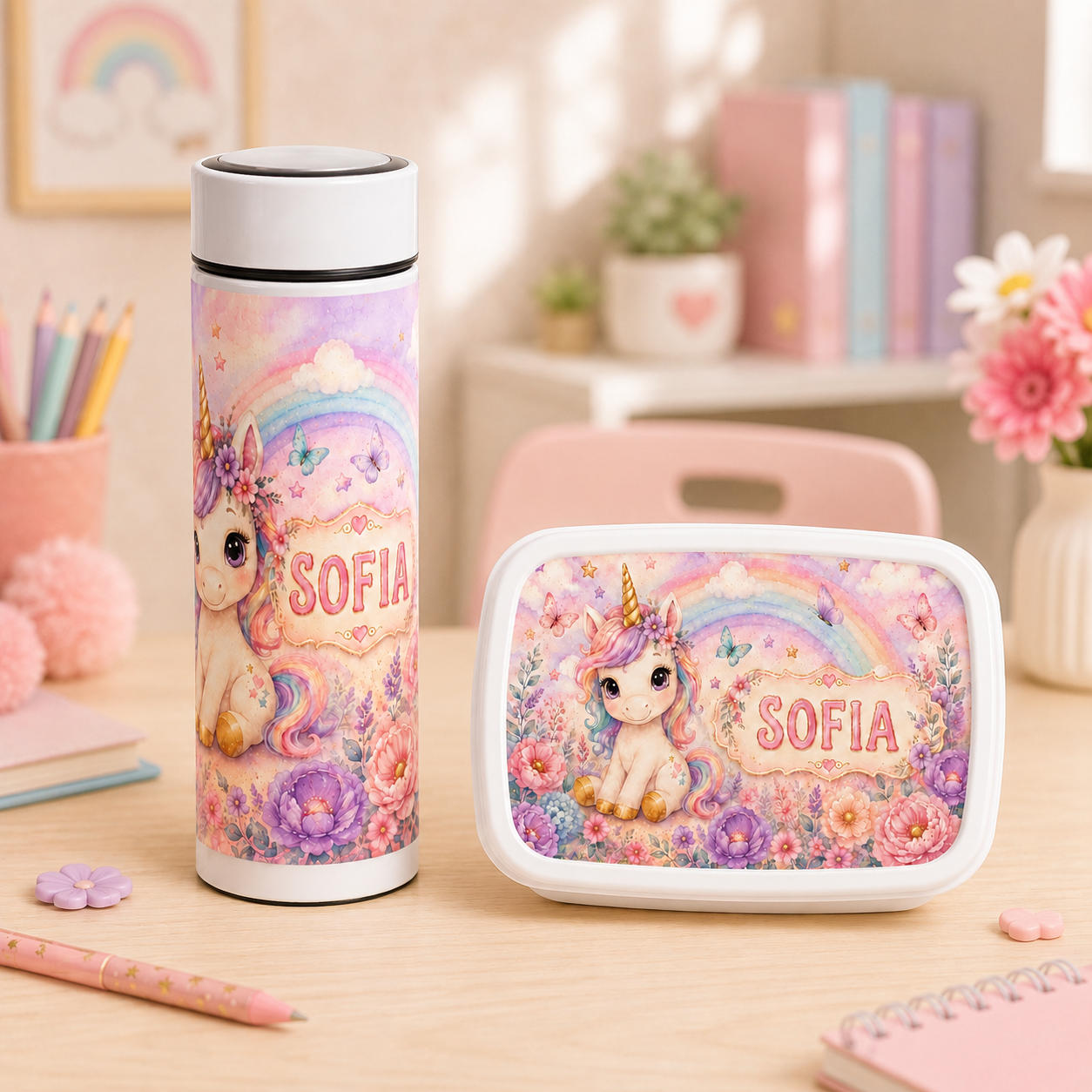 Set personalizat pentru copii cu lunchbox și termos – model unicorn cu nume