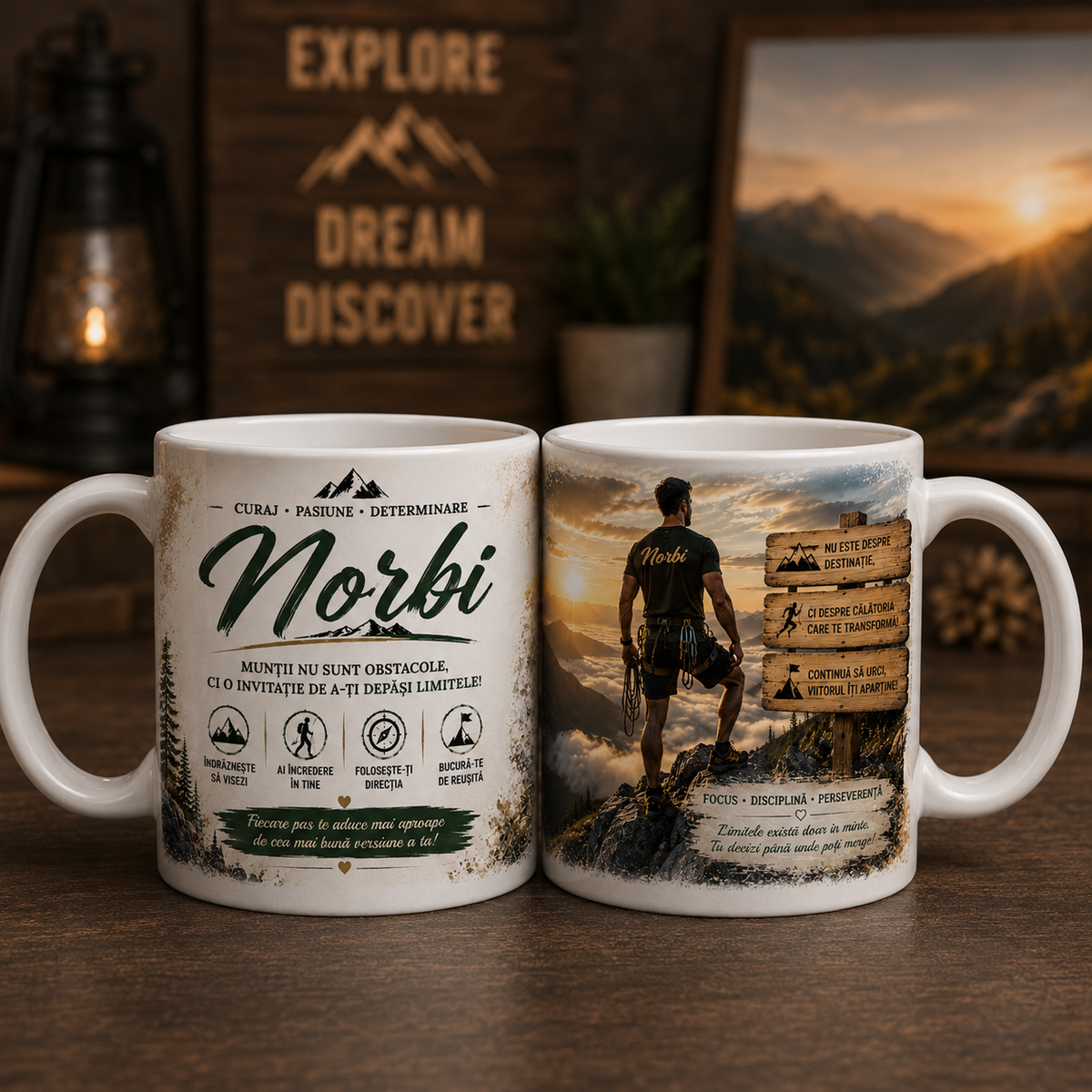 Cană personalizată pentru alpinist cu nume – Cadou pentru pasionații de munte, 330 ml
