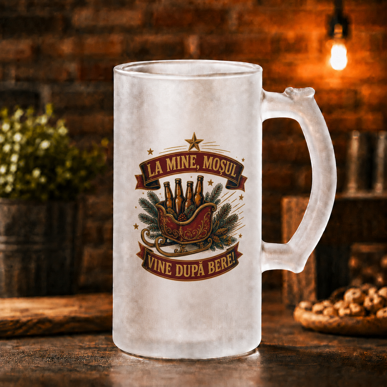 Halbă de bere 500 ml „La mine, Moșul vine după bere!” – cadou amuzant de Crăciun pentru iubitorii de bere