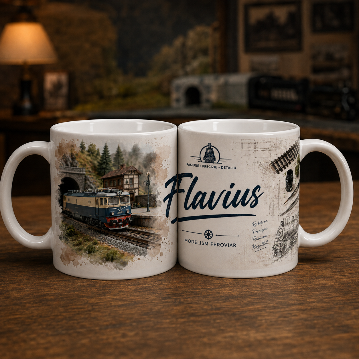 Cană personalizată Modelism Feroviar cu numele Flavius și locomotivă electrică