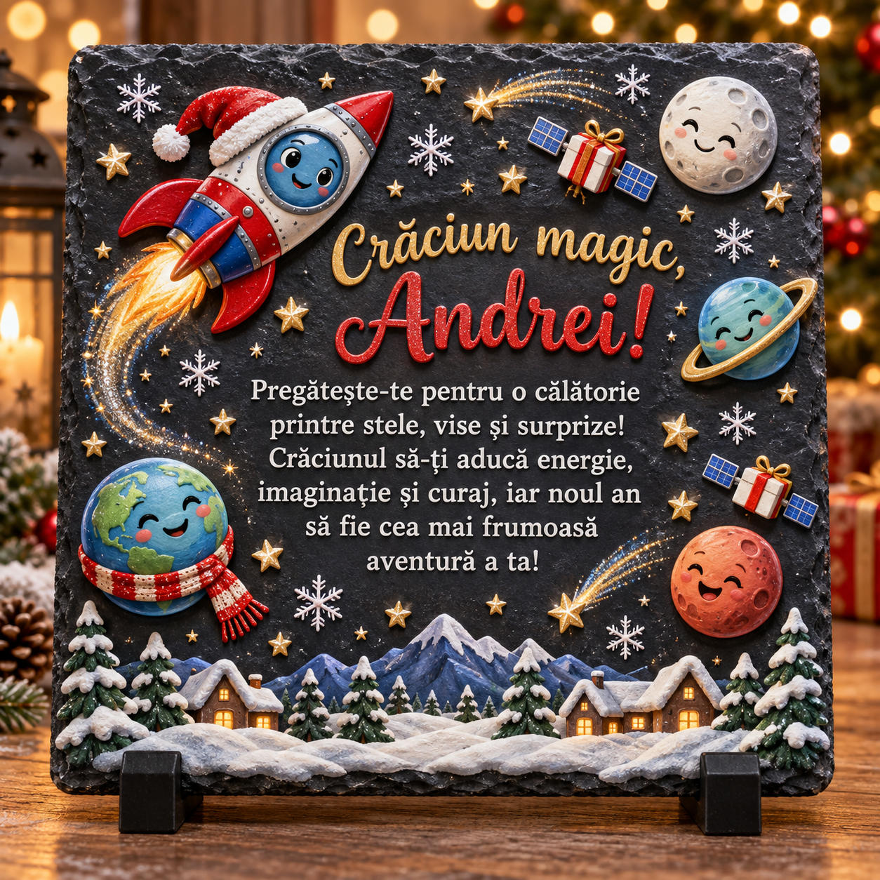 Placă de ardezie personalizată pentru băieți 20 × 20 cm – „Crăciun magic” cu rachetă și planete