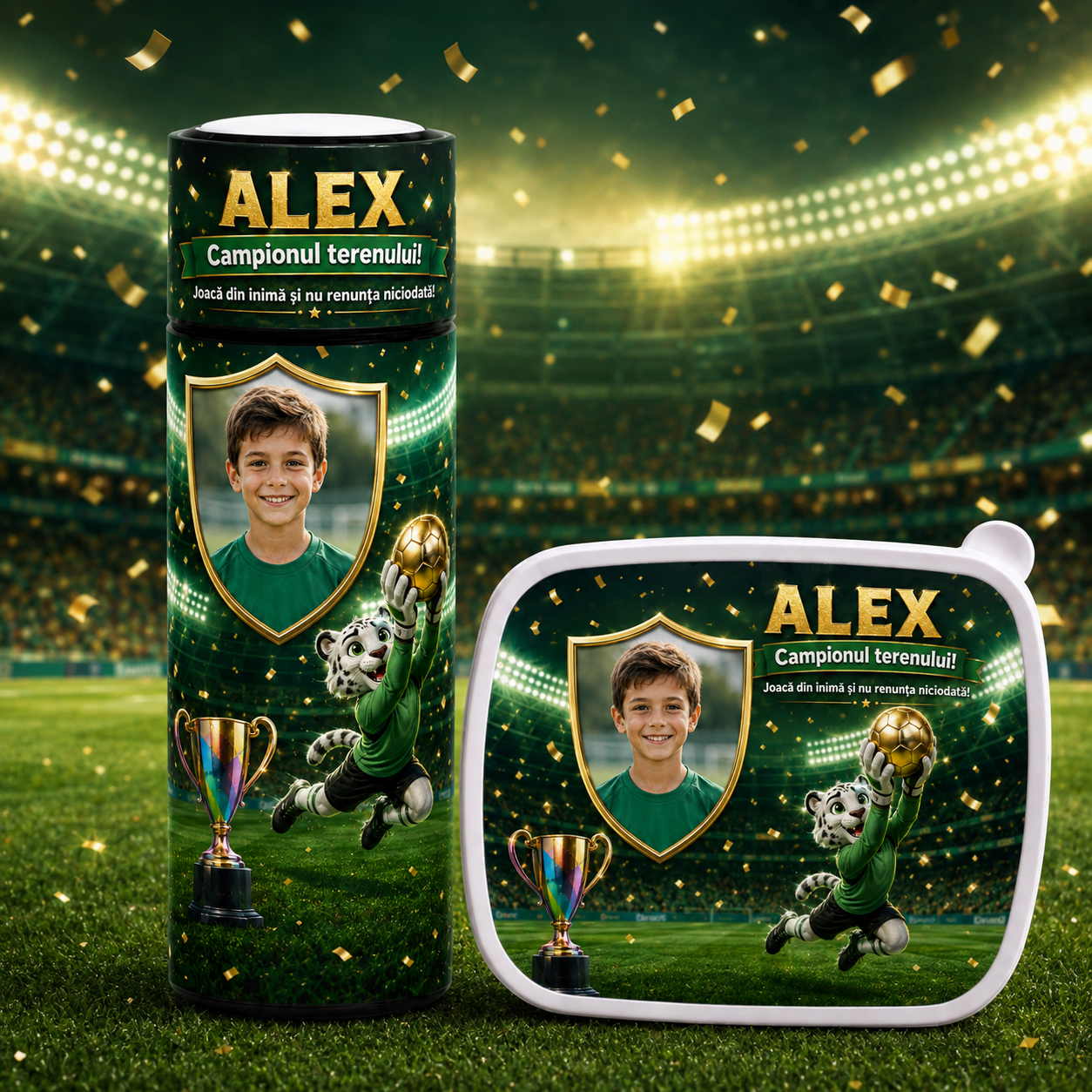 Set personalizat pentru băieți – Lunchbox + Termos 500 ml „Campionul terenului”