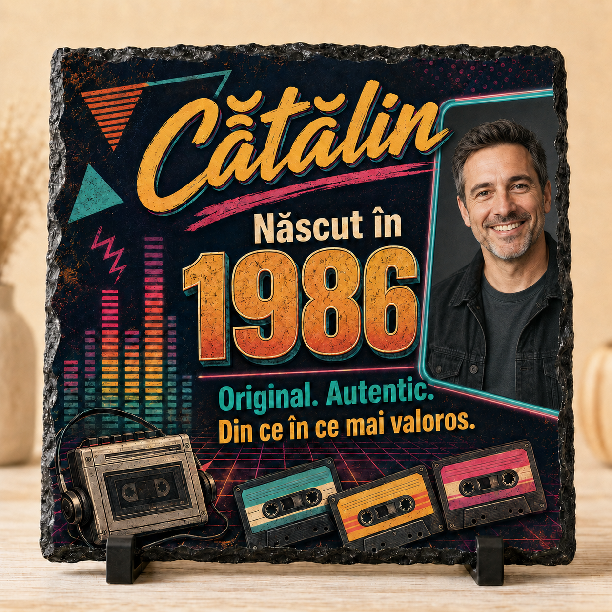 Placă din ardezie personalizată „Născut în 1986” – cadou aniversar retro cu fotografie și nume