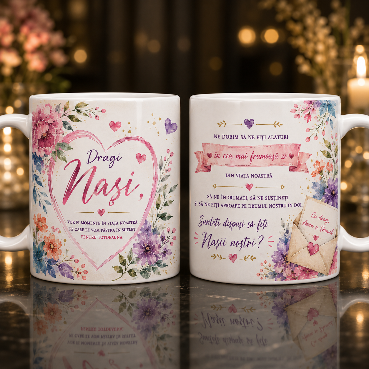 Cană Personalizată „Cerere de Nași” cu Design Floral – O Întrebare Emoționantă, un Cadou de Neuitat
