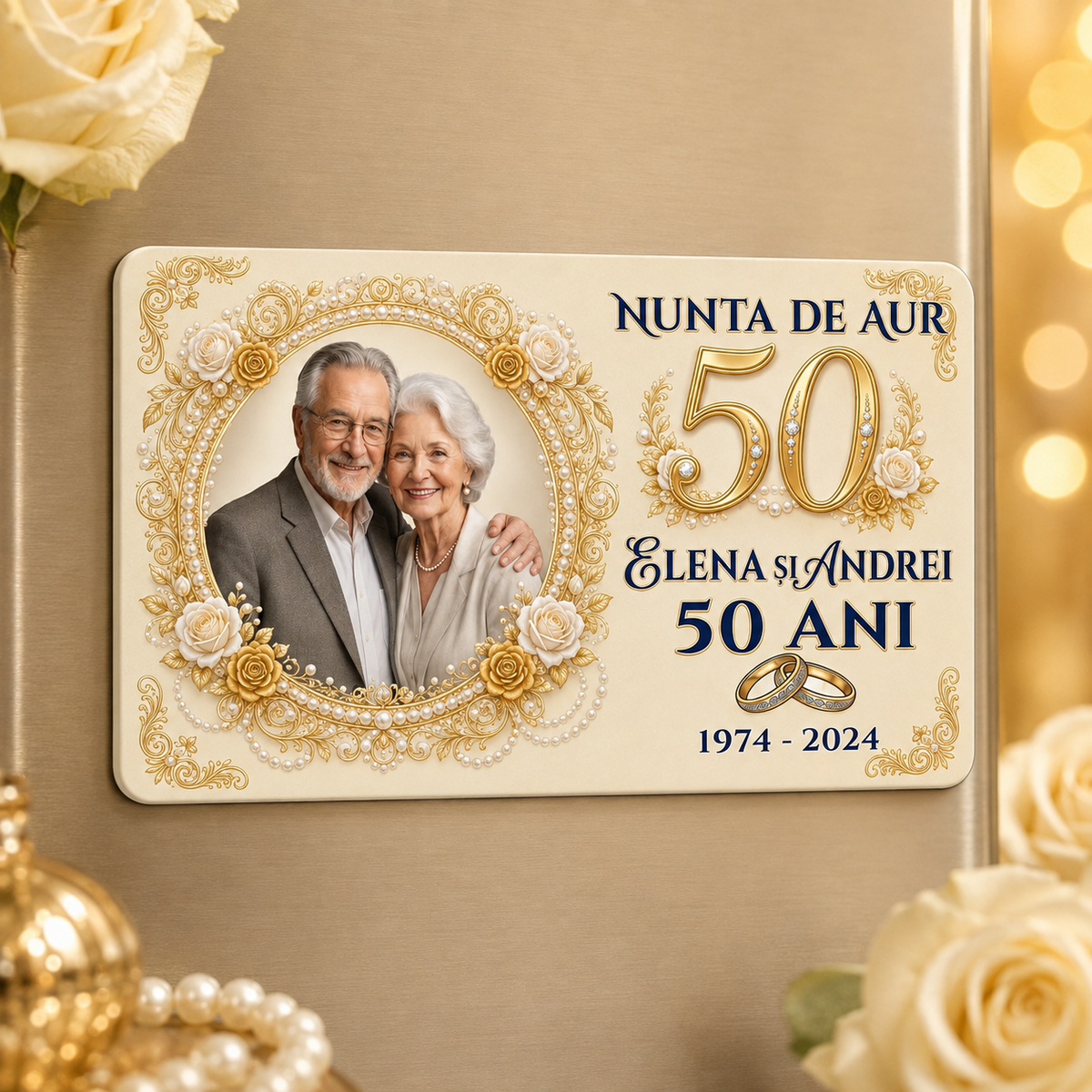 Magnet personalizat Nunta de Aur – 50 de ani de căsătorie, 9 × 5,5 cm