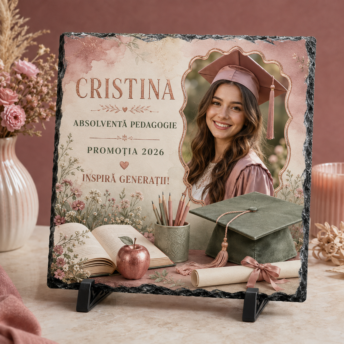 Placă de Ardezie Personalizată Absolvire Pedagogie 20×20 cm cu Poză și Nume – Cadou pentru Absolventă