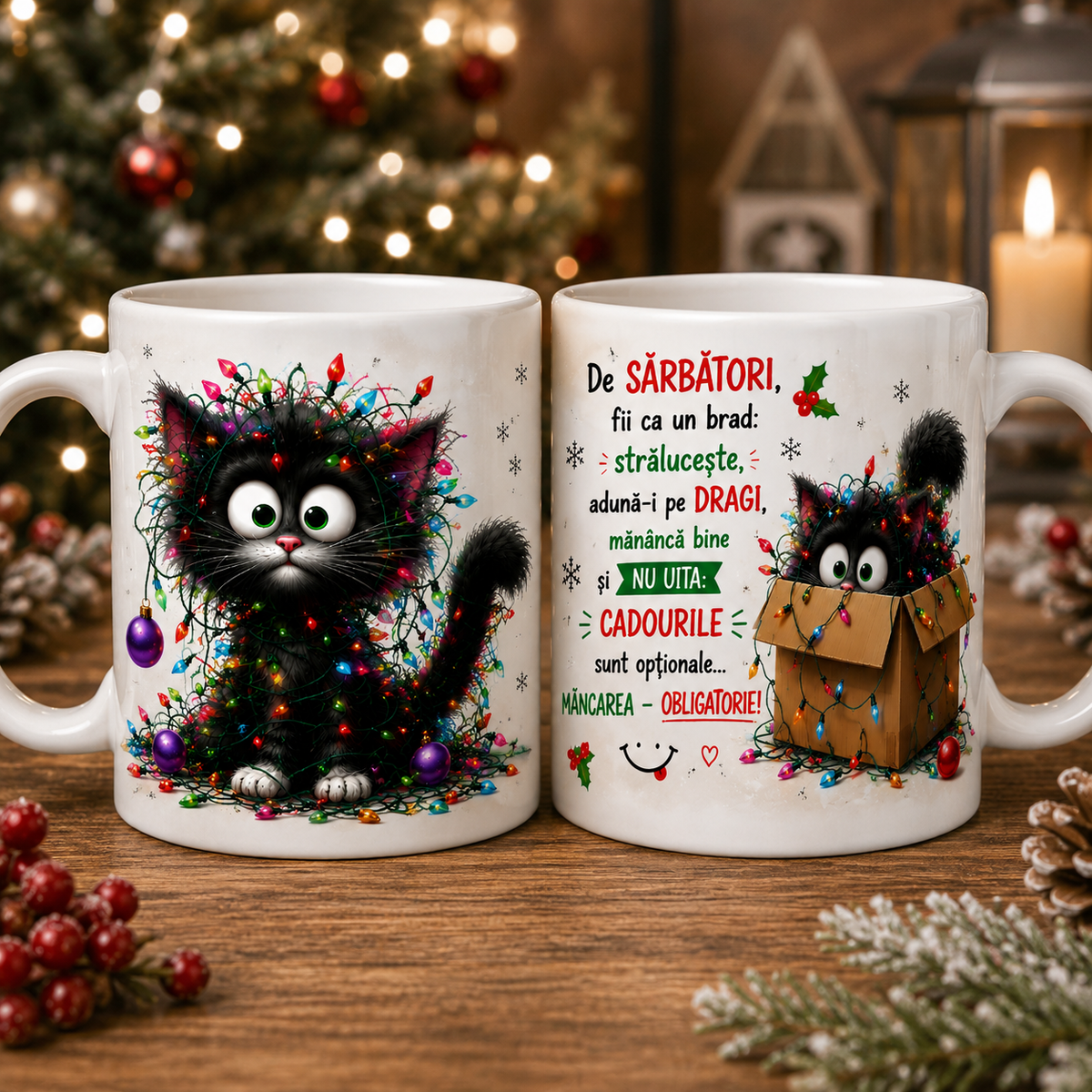 Cană amuzantă de Crăciun cu pisică – Cadou haios pentru sărbători 🎄🐱