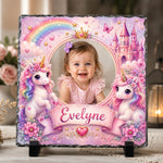 Placă ardezie personalizată pentru fetiță, 20 × 20 cm – model prințesă cu unicorni