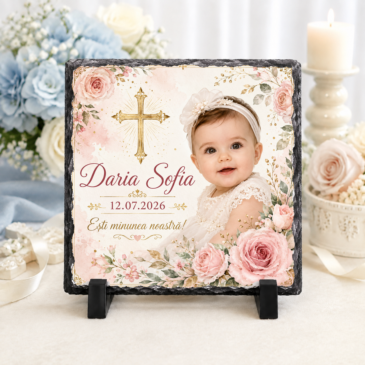 Placă de ardezie personalizată pentru botez fetiță – 20 × 20 cm, cu fotografie, trandafiri roz și cruce aurie