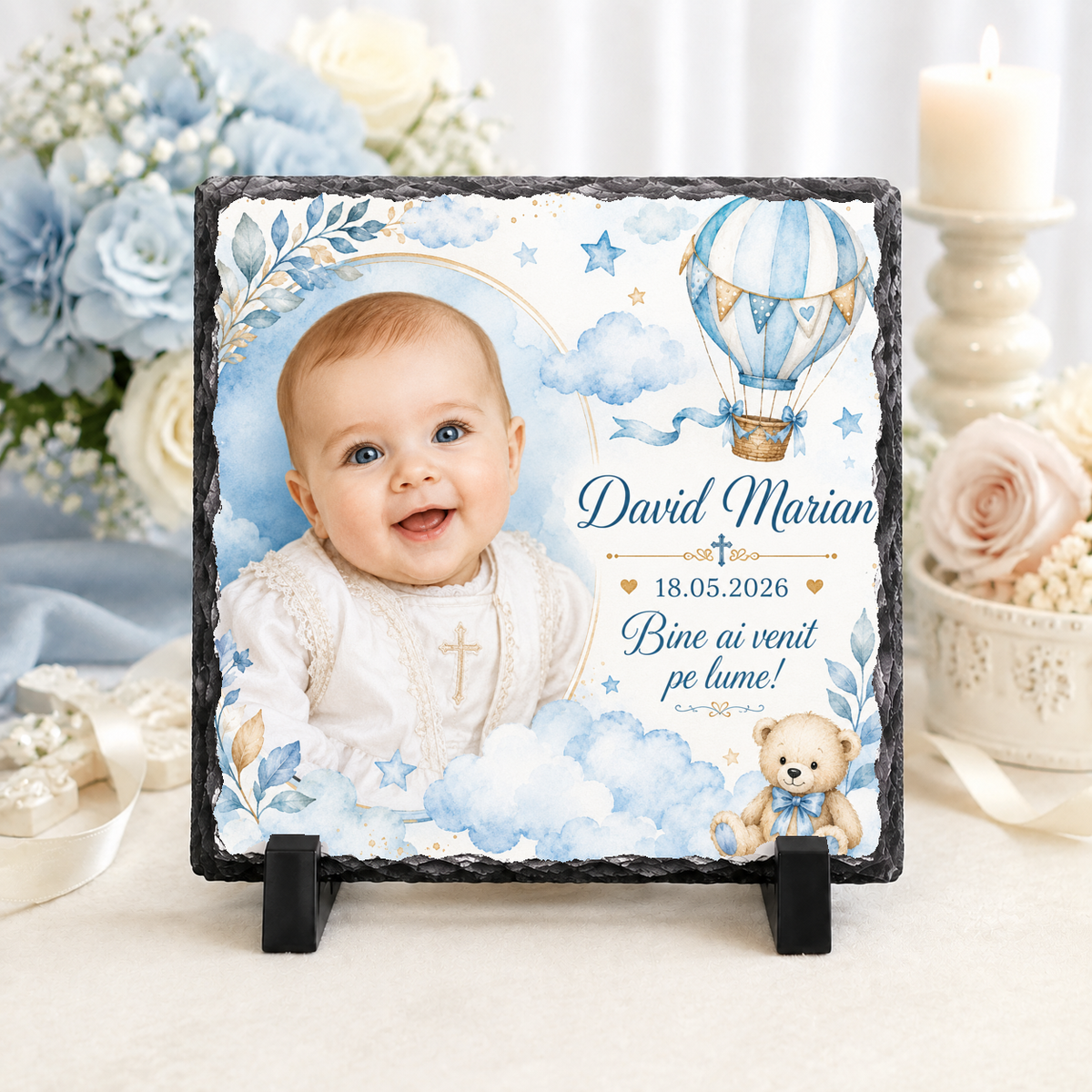 Placă de ardezie personalizată pentru băiețel – 20 × 20 cm, cu fotografie, balon cu aer cald și ursuleț