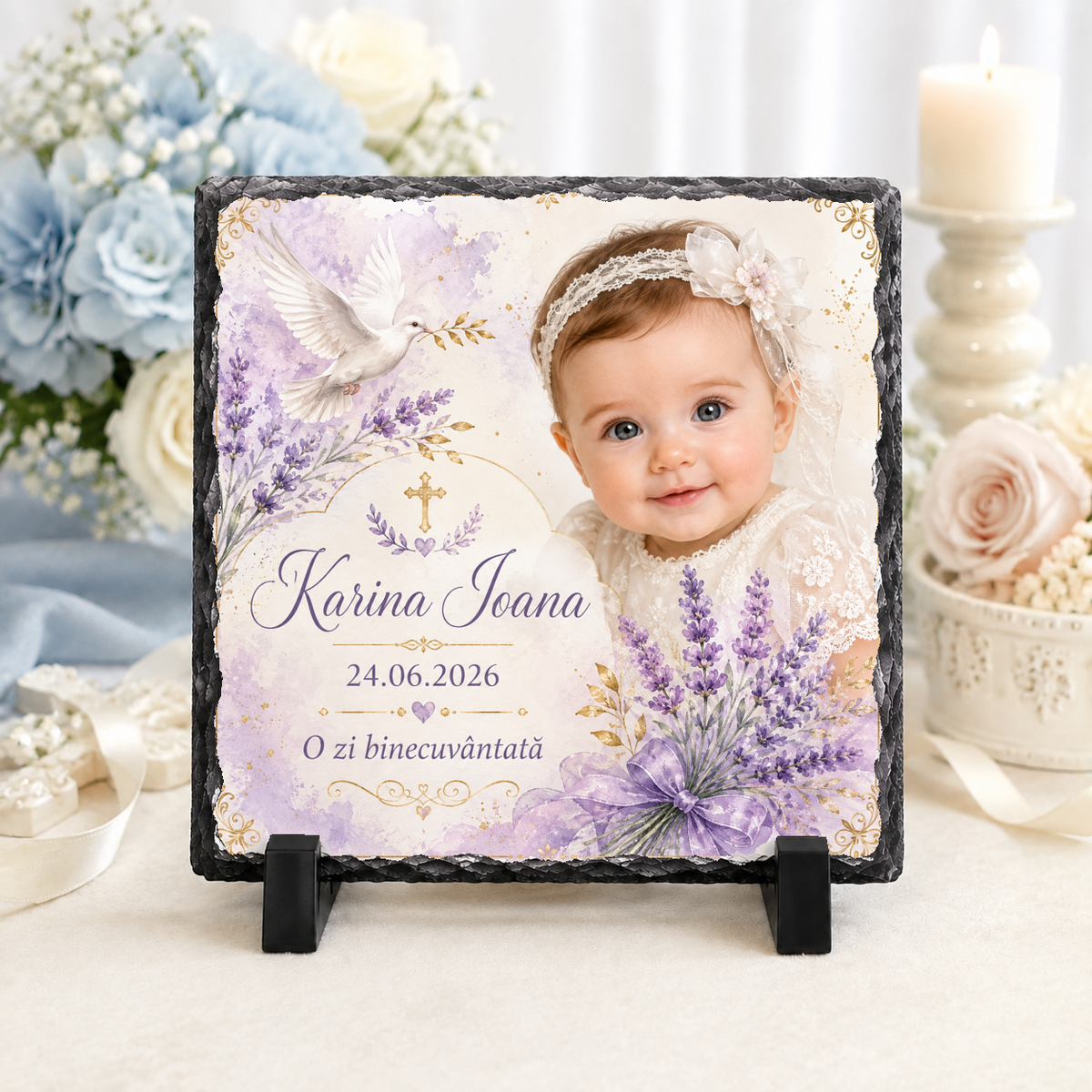 Placă de ardezie personalizată pentru botez fetiță – 20 × 20 cm cu fotografie, lavandă, porumbel și cruce aurie