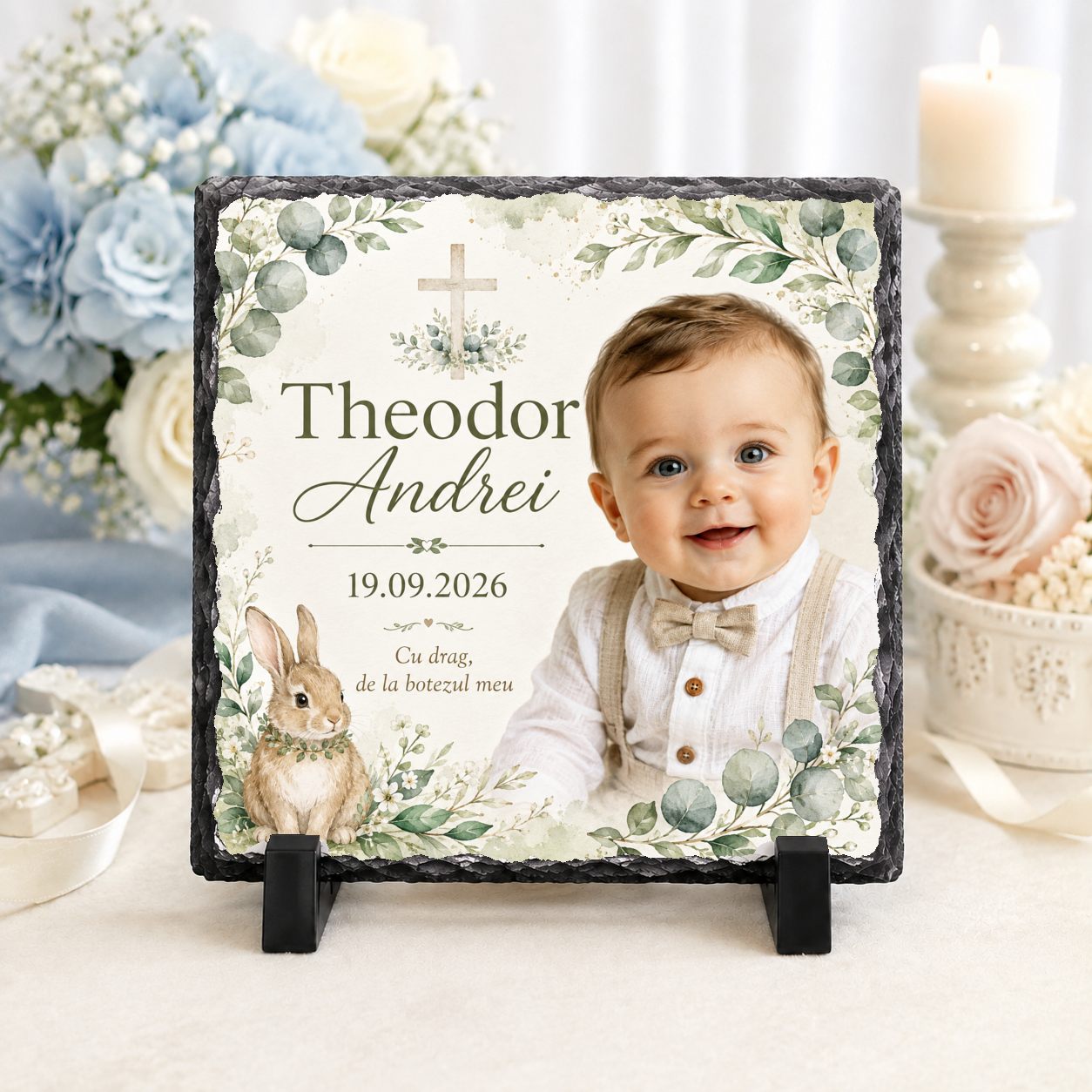 Placă de ardezie personalizată pentru botez băiețel – 20 × 20 cm cu fotografie, eucalipt, iepuraș și cruce
