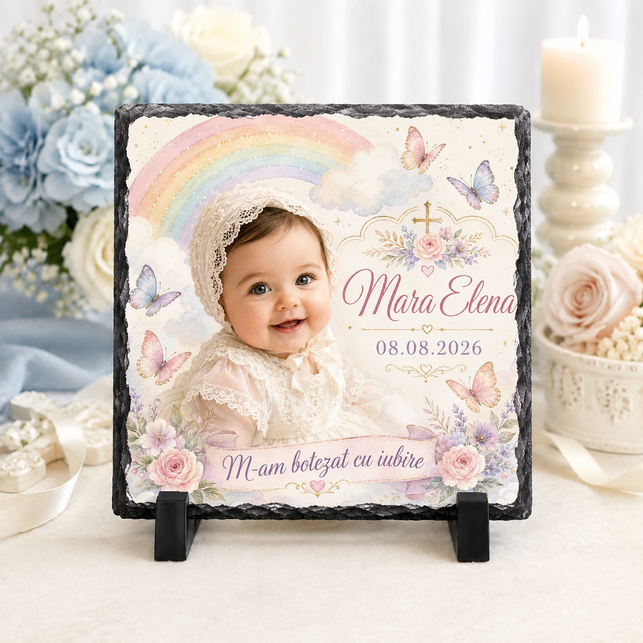 Placă de ardezie personalizată pentru botez fetiță – 20 × 20 cm cu fotografie, curcubeu pastel, fluturași și flori