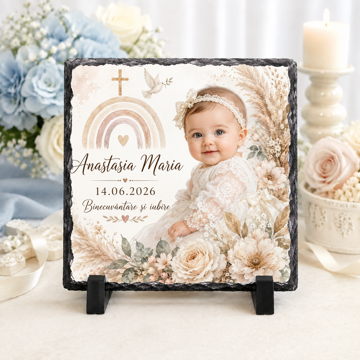 Placă de ardezie personalizată pentru botez fetiță – 20 × 20 cm cu fotografie, curcubeu boho, flori și mesaj „Binecuvântare și iubire”