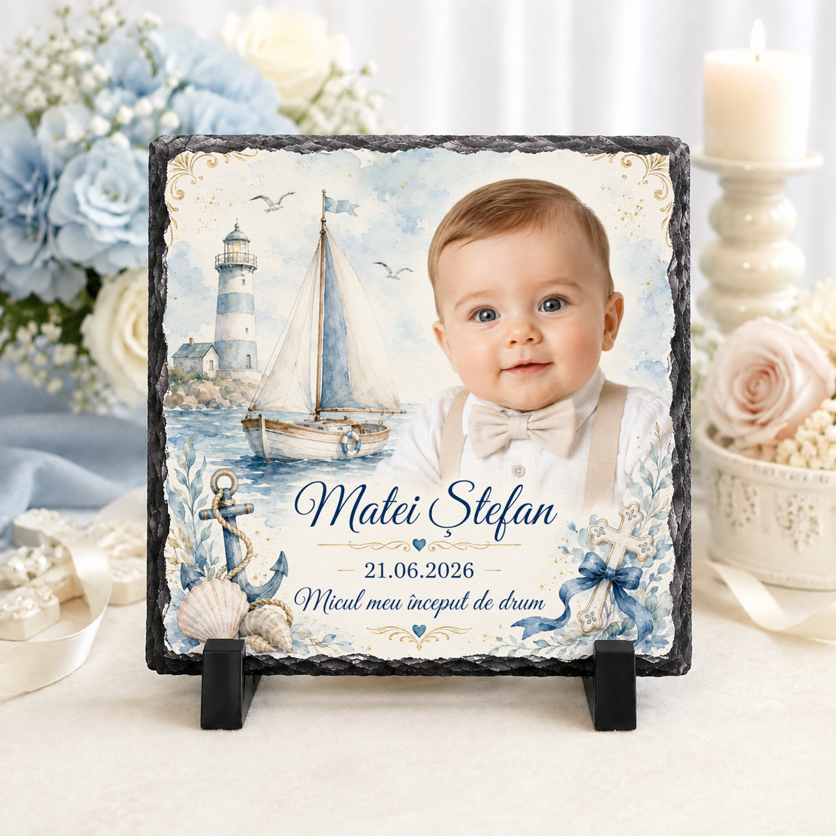 Placă de ardezie personalizată pentru botez băiețel – 20 × 20 cm cu fotografie, vapor, far și tematică marină