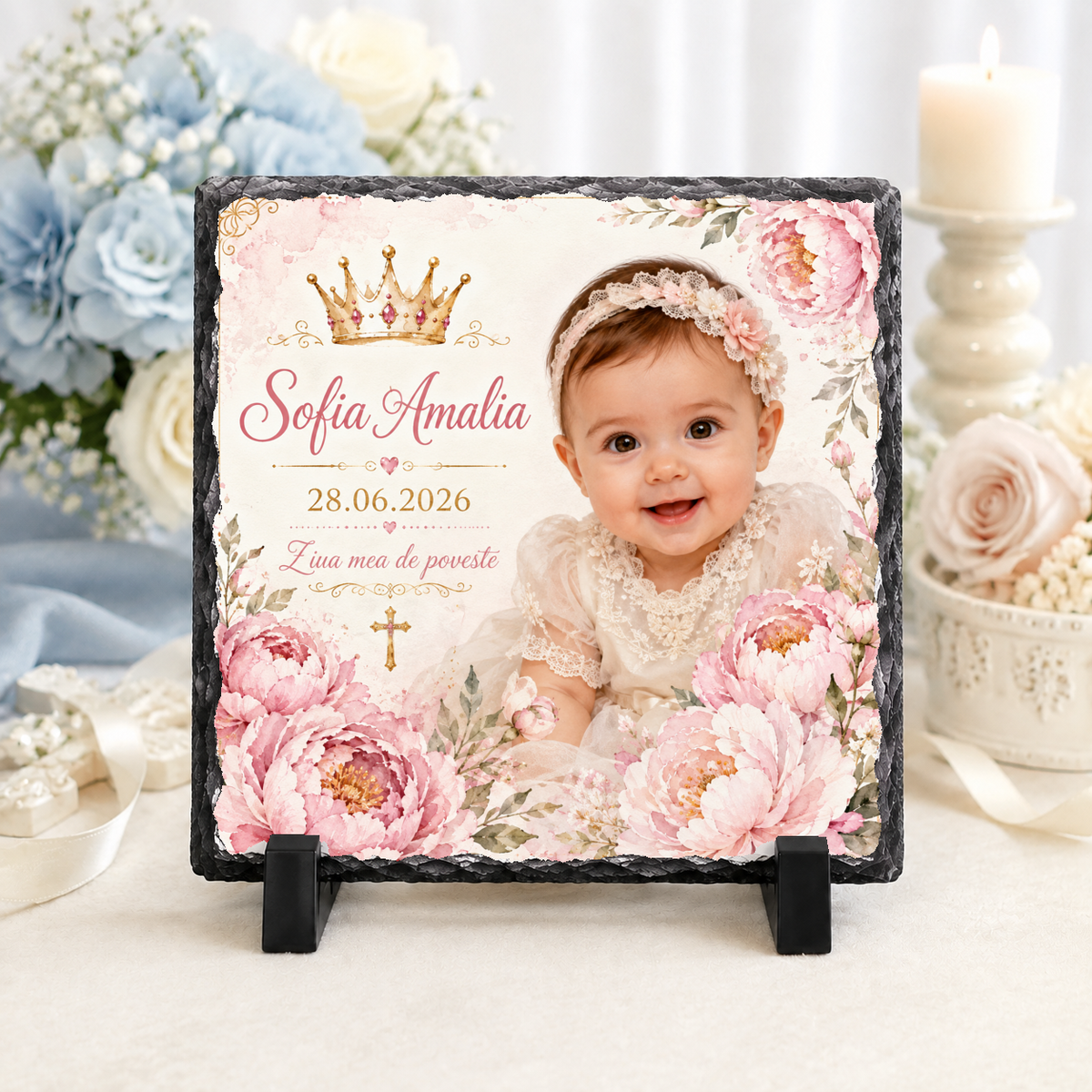 Placă de ardezie personalizată pentru botez fetiță – 20 × 20 cm cu fotografie, coroniță și flori roz