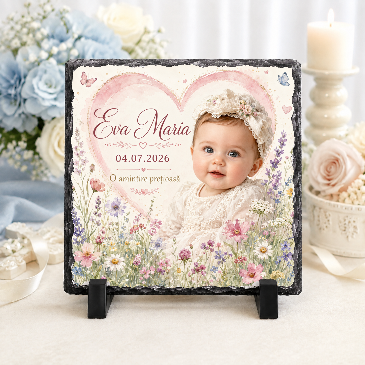 Placă de ardezie personalizată pentru botez fetiță – 20 × 20 cm cu fotografie, inimă roz și flori de câmp