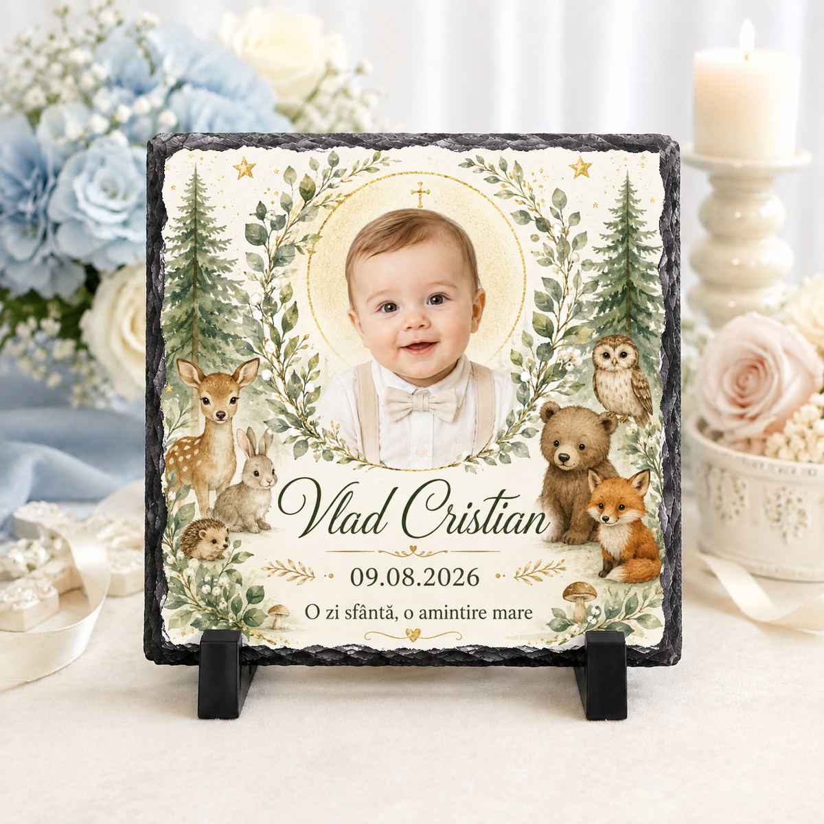 Placă de ardezie personalizată pentru botez băiețel – 20 × 20 cm cu fotografie și tematică woodland
