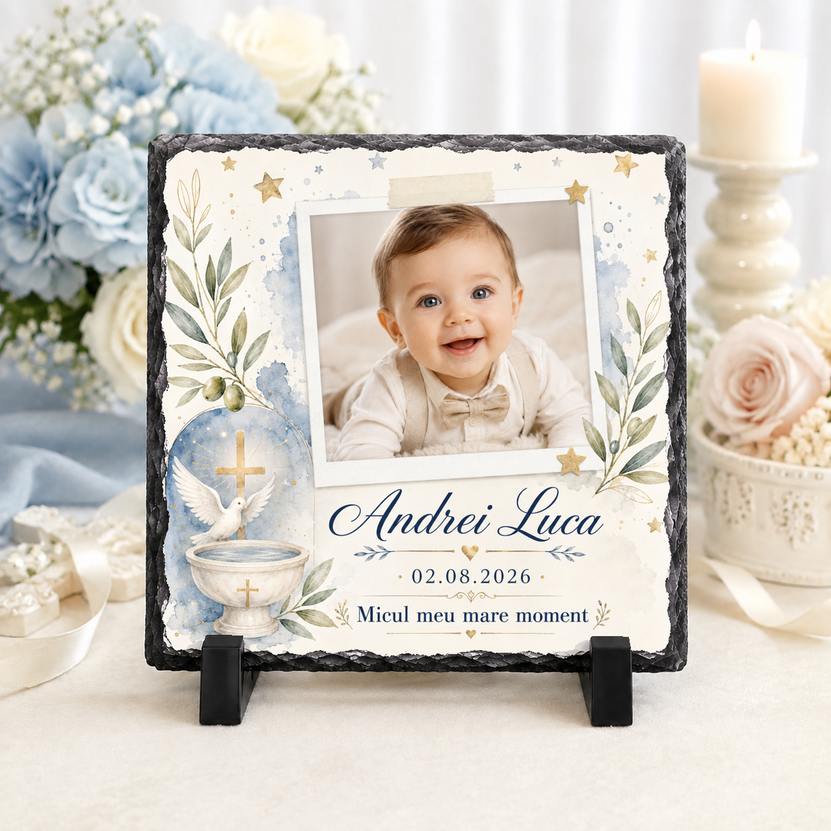 Placă de ardezie personalizată pentru botez băiețel – 20 × 20 cm cu fotografie, porumbel, cristelniță și cruce