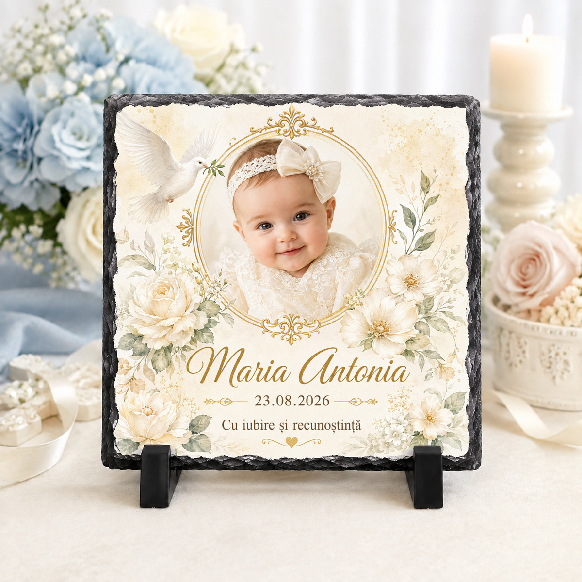 Placă de ardezie personalizată pentru botez fetiță – 20 × 20 cm cu fotografie, porumbel alb și flori ivory