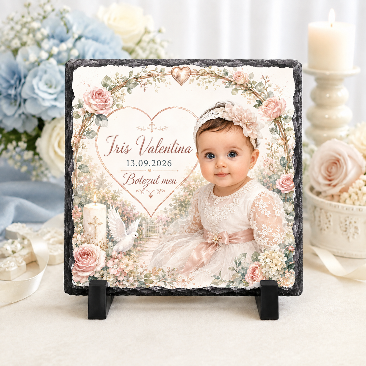Placă de ardezie personalizată pentru botez fetiță – 20 × 20 cm cu fotografie, inimă florală, porumbel și lumânare