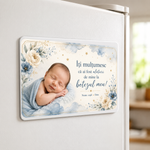 Mărturie de botez personalizată – Magnet de frigider 9 × 5,5 cm cu fotografie, flori albastre și mesaj de mulțumire