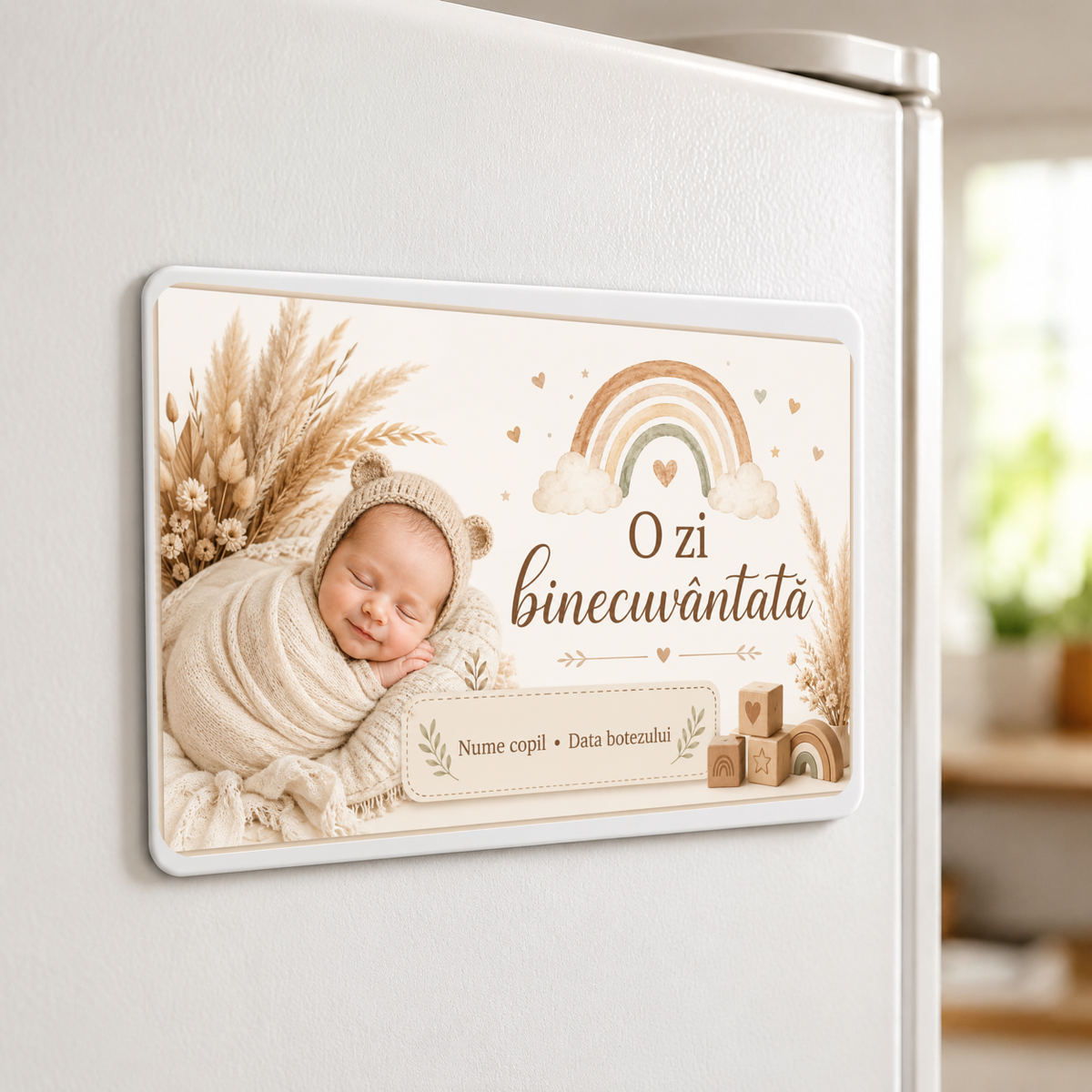 Mărturie de botez personalizată – Magnet de frigider 9 × 5,5 cm cu fotografie și nume