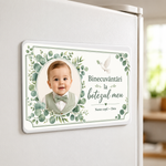 Mărturie de botez băiețel – Magnet de frigider personalizat 9 × 5,5 cm cu eucalipt și porumbel alb